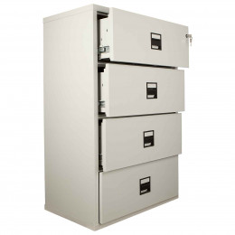 FireKing Lateral 4 Drawer Fire Filing Cabinet with three drawers shown slightly open