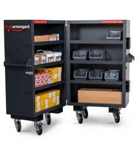 Armorgard FittingStor FC5 Heavy Duty Mobile Site Cabinet open with stores