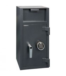 Chubbsafes Omega Deposit Safe with large deposit entry on the front above the door. Door is shown closed with electronic locking 
