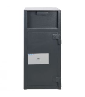 Chubbsafes Omega Deposit Safe with  large deposit entry  on the front above the door. Door is shown closed 