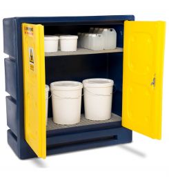 Armorgard CHEMCUBE CCC3 Plastic COSHH Cabinet open with chemicals stored