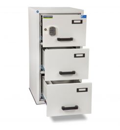 Burton FF300E 3 Drawer Digital Fire Resistant Filing Cabinet - all drawers open