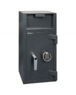 Chubbsafes Omega Deposit Safe with large deposit entry on the front above the door. Door is shown closed with electronic locking 